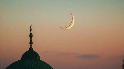 Crescent moon glowing over a mosque dome during twilight with serene sky hues