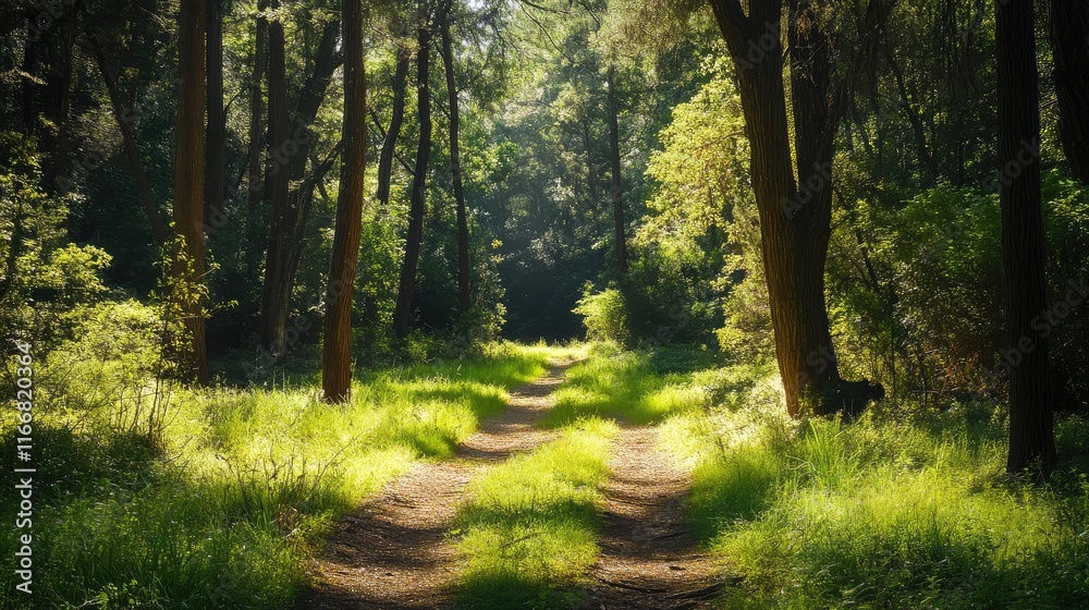 Poster serene forest pathway in lush green woods with sunlight filtering through trees on a peaceful day in