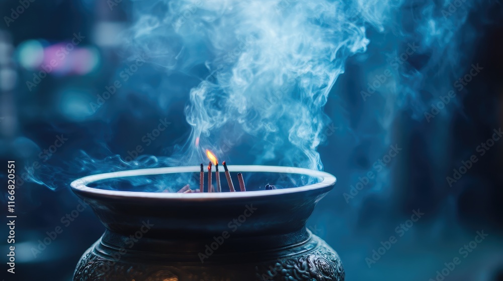 Aufkleber serene incense burner releasing fragrant smoke in dim light creating a calming atmosphere for relaxa