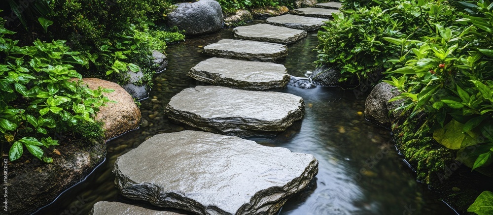 Poster serene flagstone pathway over water surrounded by lush greenery leading to a tranquil waterfall in a