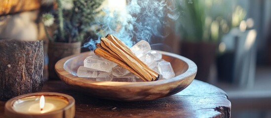 Crystal cleansing ritual with Palo Santo in a calming home environment enhancing positive energy and spiritual wellness atmosphere.