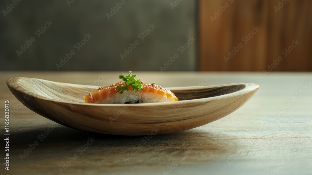 Poster savoring inari sushi served on a wooden plate with elegant presentation and ample copy space for cul