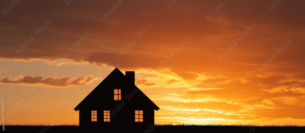 Poster silhouette of a cozy house against a vibrant sunset sky creating a serene and warm atmosphere for re
