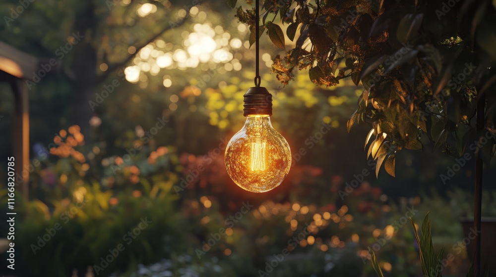 Poster glowing incandescent light bulb illuminated in a lush garden during sunset creating a warm and invit