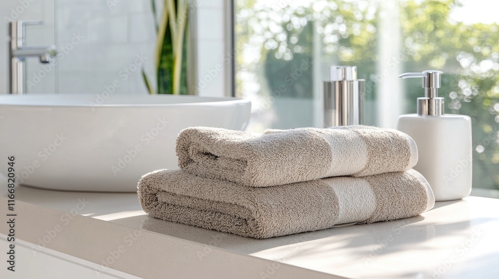 Poster modern bathroom decor featuring neatly arranged towels and stylish accessories in a serene and invit