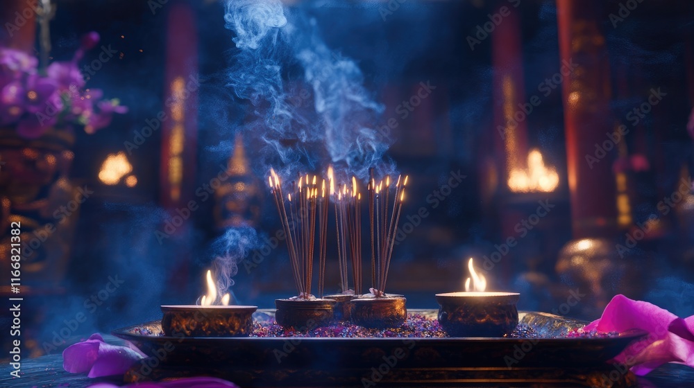 Poster Incense sticks burning in a sacred setting with soft focus and vibrant colors creating a serene and spiritual atmosphere.