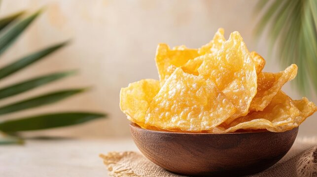 Crispy traditional kuih kapit displayed in a wooden bowl against a soft background with tropical leaves enhancing the aesthetic appeal
