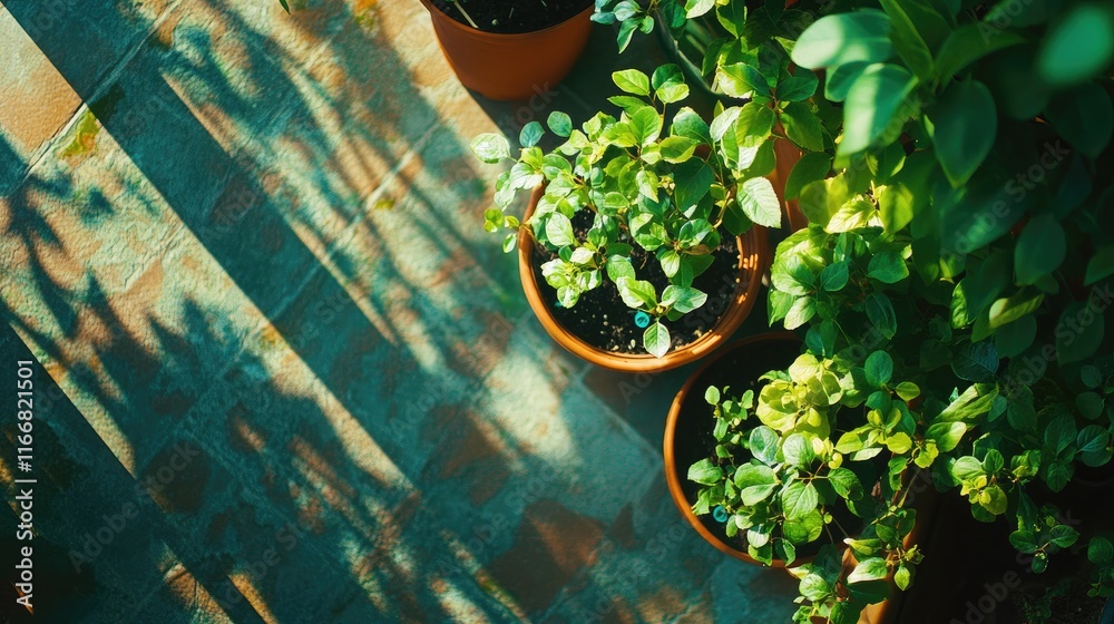 Poster balcony garden with lush green plants in terracotta pots creating a serene atmosphere and inviting s