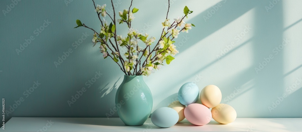 Aufkleber spring home decor with fresh branches in a vase and pastel colored eggs creating a bright and inviti