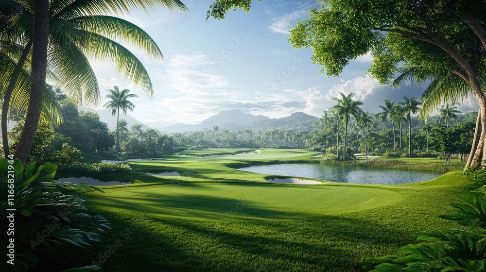 Poster tropical golf course landscape featuring lush greenery palm trees serene lake and mountains in the b