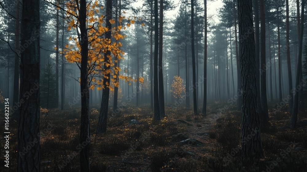 Poster autumn forest landscape with mist and golden leaves creating a serene and mysterious atmosphere in n
