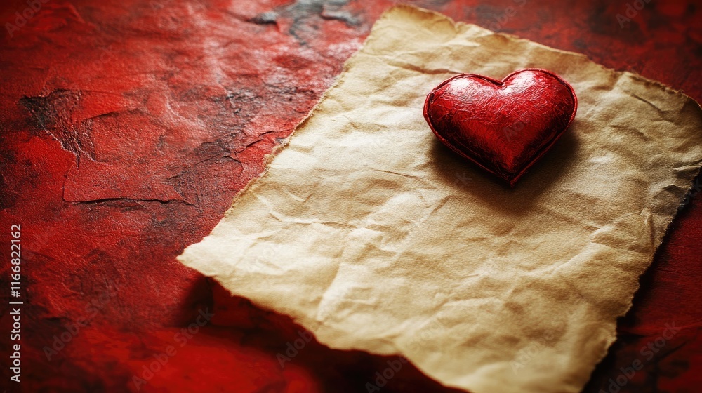 Poster gift wrapped in parchment with a red heart and name card on a vibrant red background for romantic ce