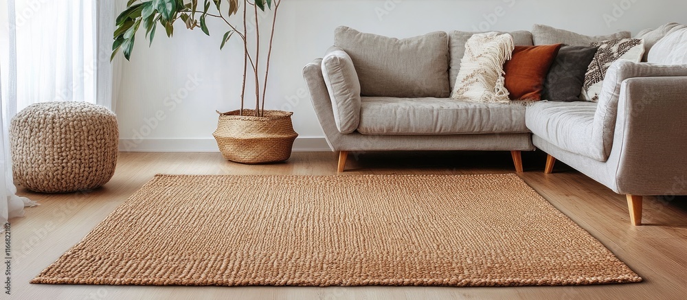 Poster handwoven jute rug with intricate patterns enhancing rustic charm in modern home decor featuring pla