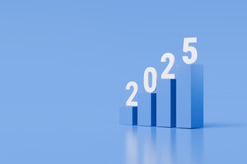 3d Bar chart finance and upward arrow success icon. 2025 growth concept. Growth numbers forming rising bar chart. Planning profit and future achievements isolated on transparent background. 3d render.