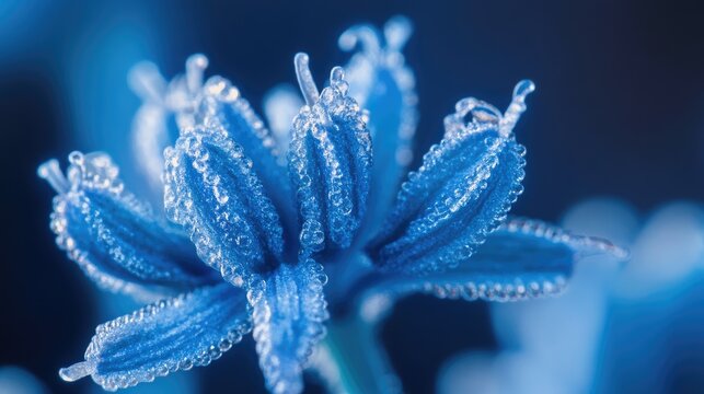 Macro shot of Crimean cumin flower with dew droplets showcasing vibrant blue petals against a blurred background.