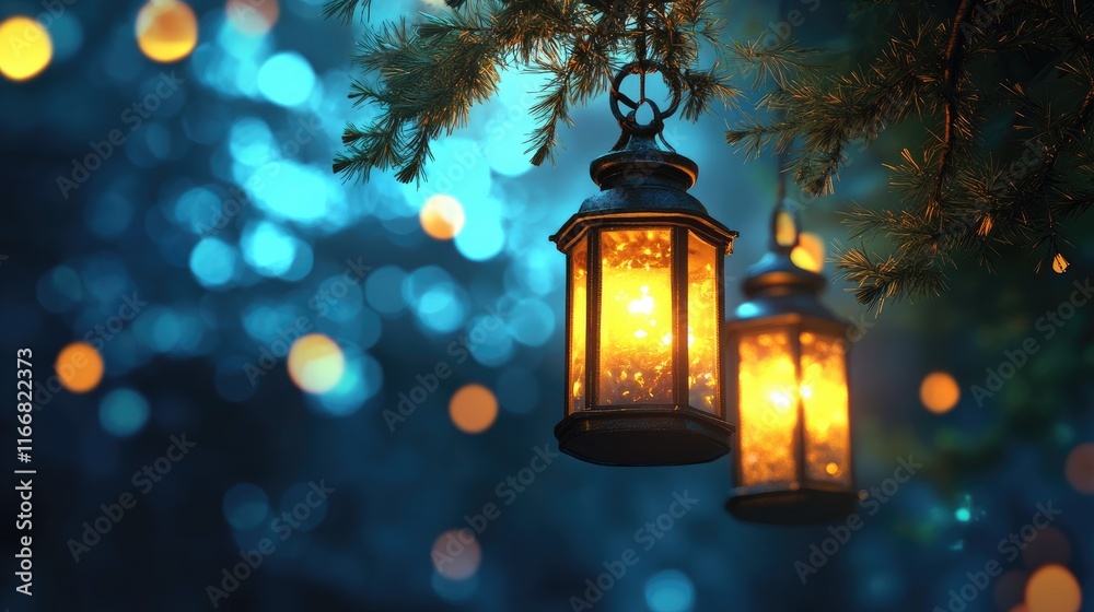 Poster hanging lanterns glowing against a night sky with bokeh lights creating a serene atmosphere for the 