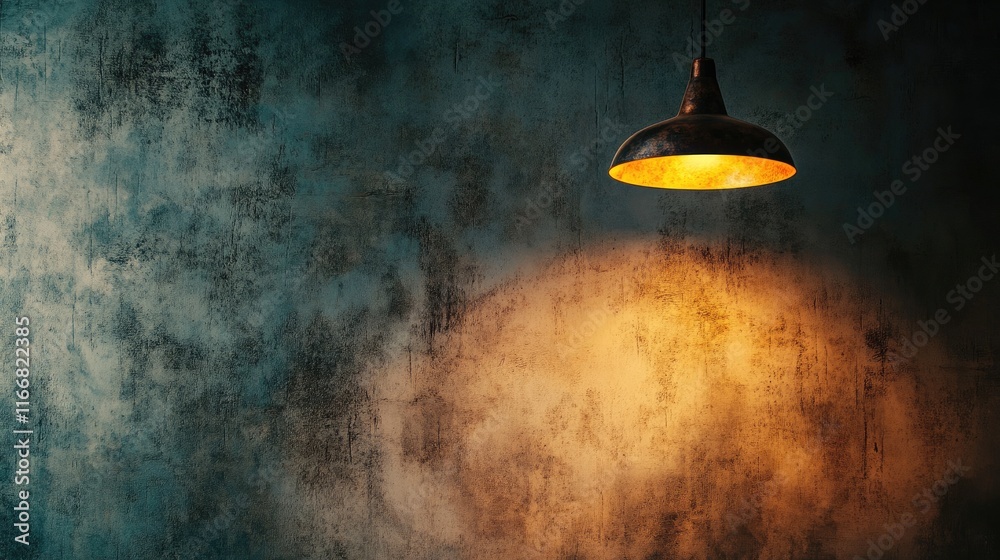 Poster rustic pendant lamp illuminating textured wall with warm glow in an artistic and moody interior sett
