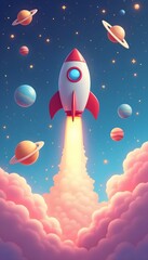 Rocket in a Colorful Space Adventure, rocket, space, planets, stars, galaxy, cosmos