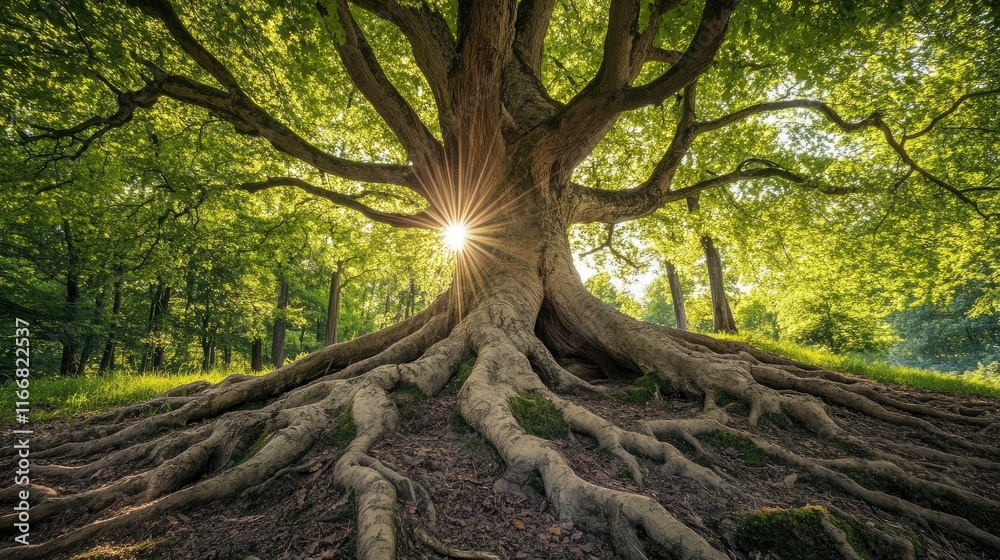 Aufkleber majestic old tree with sprawling roots illuminated by warm sunlight in a serene forest setting captu