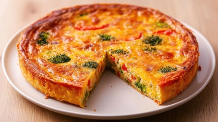 Savory broccoli and bell pepper quiche baked to perfection with a golden crust and rich egg filling sliced on a white plate