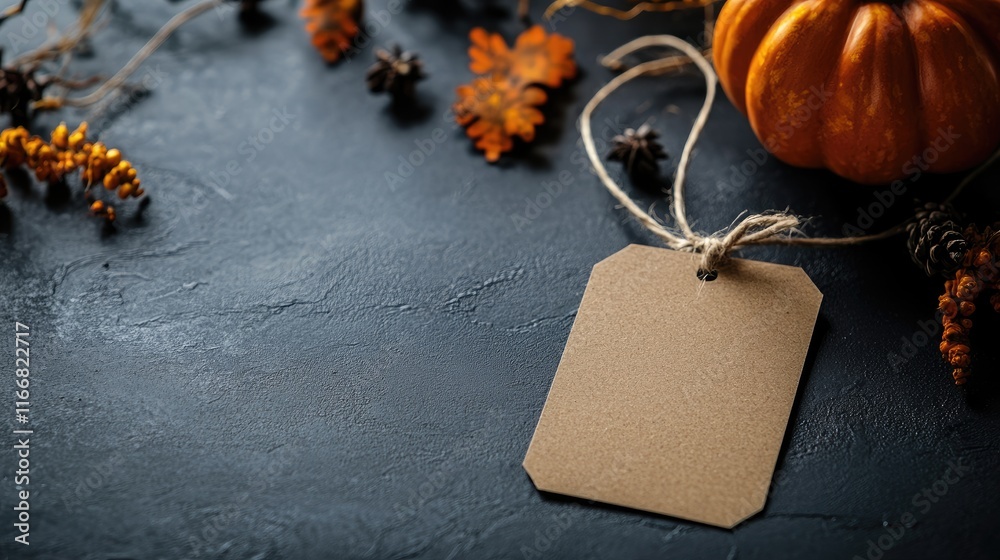 Poster halloween themed rustic label tag with autumn decor on dark table setting for seasonal promotional m