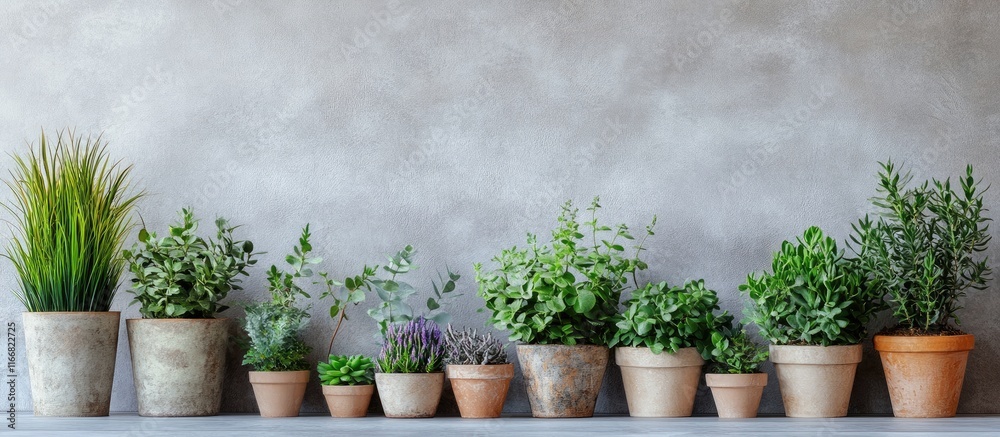 Poster home plants in rustic pots arranged against a light grey background enhancing a serene and inviting 