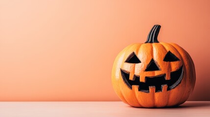 Halloween pumpkin with carved face on a solid peach background for a playful Halloween decoration theme