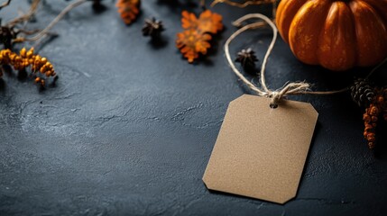 Halloween themed rustic label tag with autumn decor on dark table setting for seasonal promotional material and creative projects