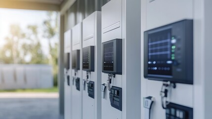 Modern home energy management system showcasing advanced computerized control with solar energy storage units for sustainable living.