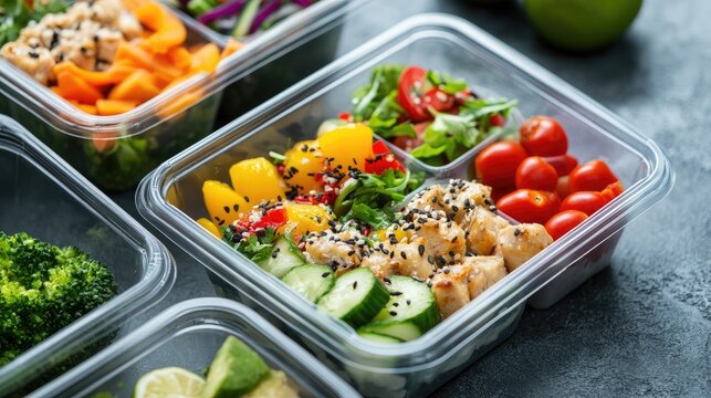 Healthy meal prep with organic vegetables and chicken in containers promoting fitness and nutrition lifestyle concepts