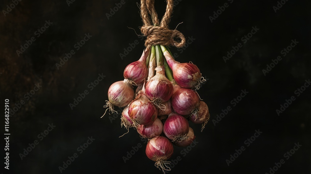 Poster hanging bundle of fresh red onions with rustic rope against a dark background showcasing natural tex