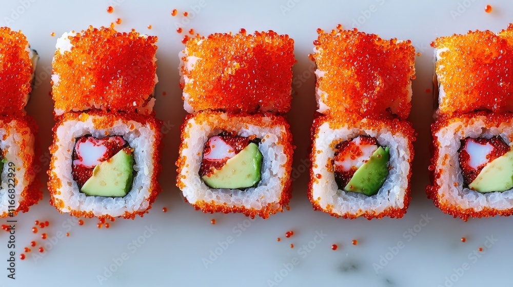 Poster California rolls with red tobiko topping arranged neatly on a white surface showcasing crab meat and avocado filling in vibrant presentation