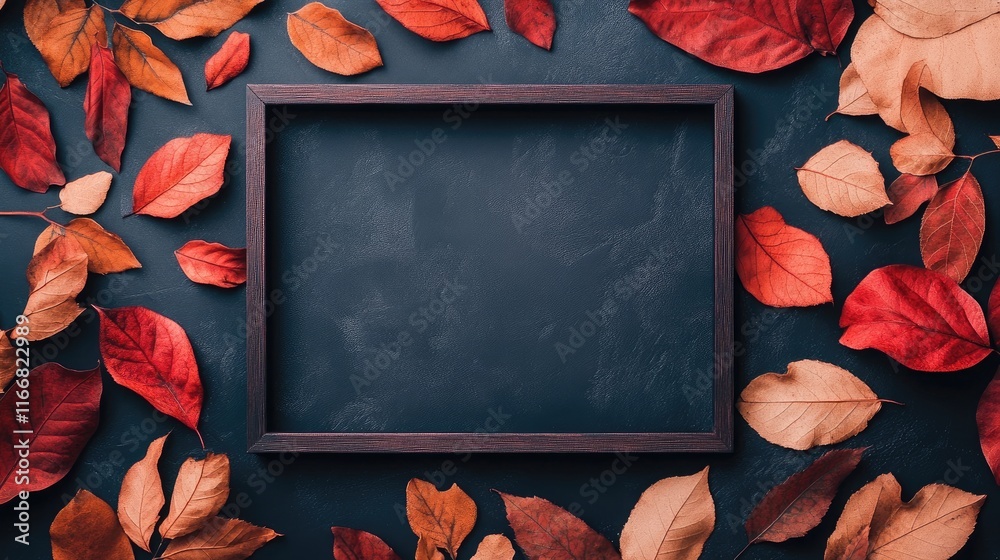 Poster Autumn leaves flat lay with empty dark frame on a textured background for mockup invitations and creative holiday compositions