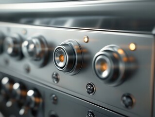 Fototapeta premium Close-up of modern kitchen appliance controls with illuminated buttons and sleek metallic finish.