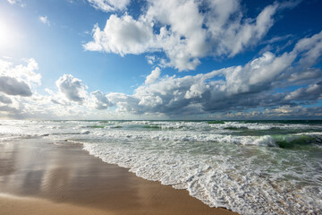 Fototapeta premium View of coastline in Mediterranean sea and cloudy sky.