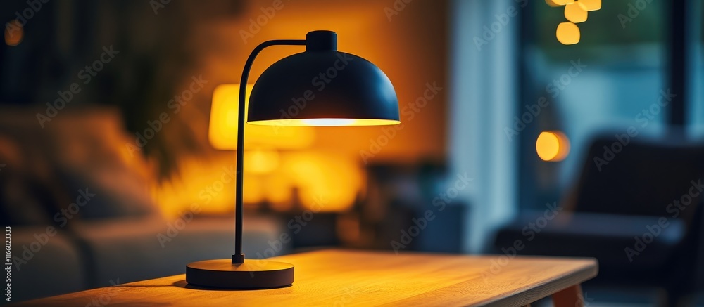 Poster Cozy black table lamp illuminating a dimly lit room with warm light creating an inviting atmosphere for relaxation and comfort