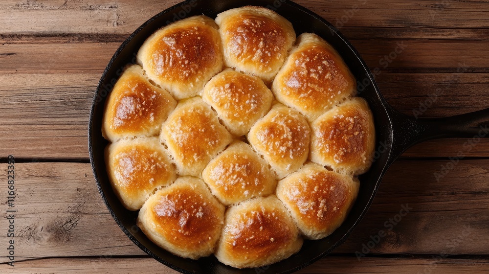 Aufkleber freshly baked bread rolls in a cast iron pan on a rustic wooden surface creating a warm and inviting