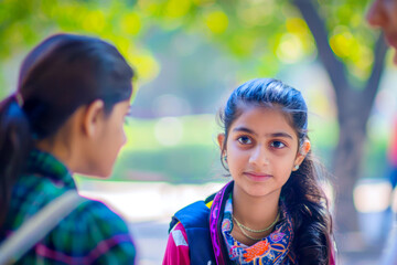 Against the backdrop of a serene park, an Indian girl lends a listening ear to a classmate expressing concerns, her empathy and support fostering a sense of belonging and camaraderie.