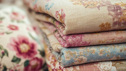 Fototapeta premium Beautiful floral patchwork fabric stack showcasing intricate textile designs with linen texture ideal for crafts and fashion projects