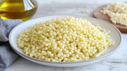 Pastina pasta served in a white plate with olive oil showcasing a delightful culinary presentation and fresh ingredients.