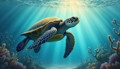 Obraz premium Graceful sea turtle swimming through crystal clear water with sun rays, marine life 