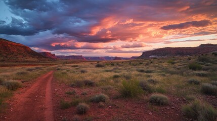 Vibrant sunset landscape panorama showcasing colorful clouds and rugged terrain with a winding dirt path through lush grasslands