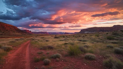 Vibrant sunset landscape panorama showcasing colorful clouds and rugged terrain with a winding dirt path through lush grasslands
