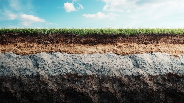 Cross section of layered soil with detailed composition and structure for construction analysis in a natural landscape setting.