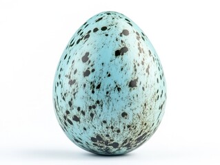 A vibrant speckled blue egg on a clean white background, showcasing unique patterns and colors.