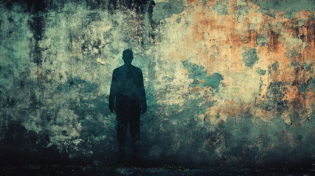 Mysterious silhouette against an aged grunge wall creating an atmospheric and eerie ambiance in urban decay setting.