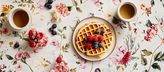 Homemade waffles topped with fresh berries served with coffee on a floral tablecloth perfect for brunch or breakfast gatherings