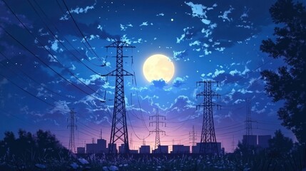 Serene Night Sky with Full Moon Illuminating Power Lines and City Silhouette at Dusk
