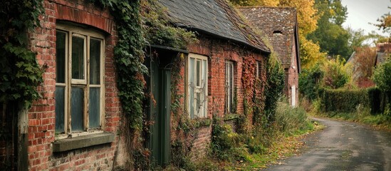 Fototapeta premium Decaying brick house with ivy in a serene historical village setting surrounded by trees and an inviting dirt path