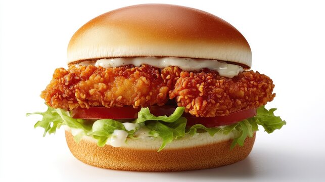 Crispy fried chicken burger with fresh lettuce and tomatoes served on a toasted bun isolated on a white background